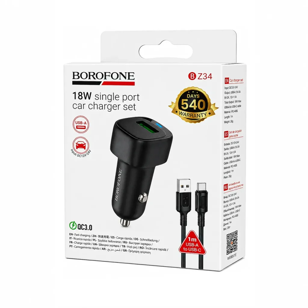 شارژر فندکی QC3.0 18W بروفون مدل BZ34 + کابل تایپ سی